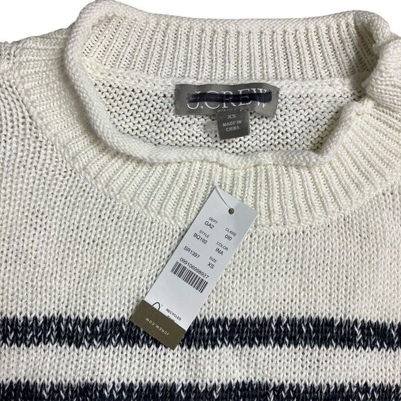 J Crew Sweater WMNS XS White Linen Blend Relaxed Beach Striped Gold Buttons - Picture 4 of 13
